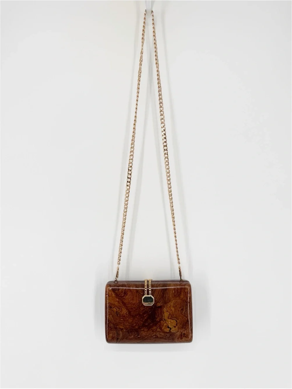 Vintage Saks Fifth Ave Brown Marbled Acrylic Gold Tone Hard Shell Clutch Purse